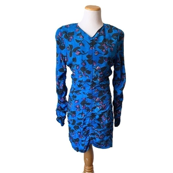 NEW 𝅺ZARA Cobalt Blue Floral Gathered Ruched  Mini Dress Size Medium - Picture 1 of 9